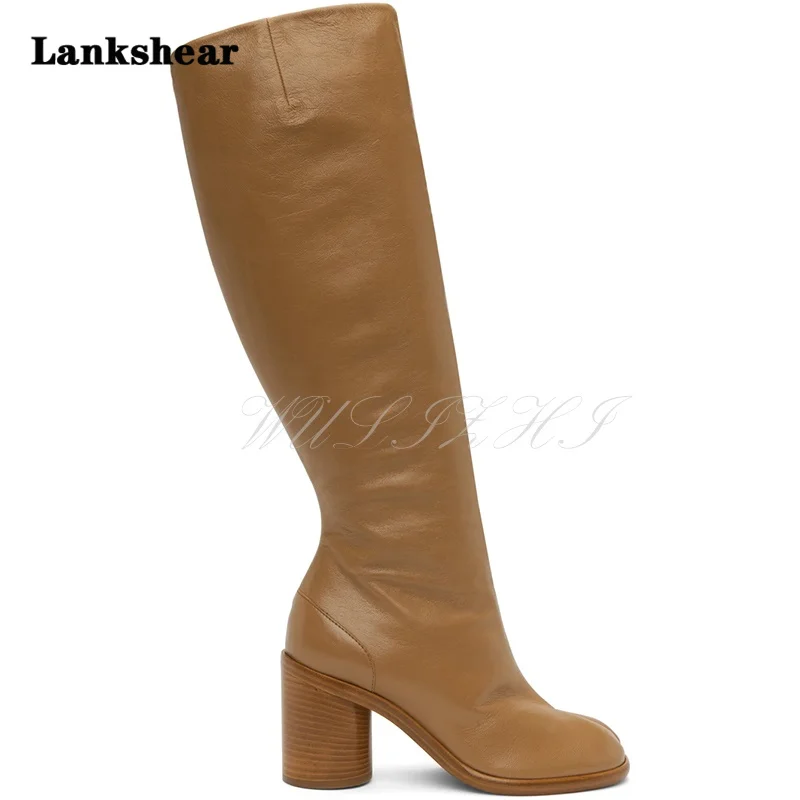 Tabi Brown Leather Knee Boots for Women Fall Winter Round High Heel Booties Black Genuine Leather Hot Chick Casual Sporty Shoe