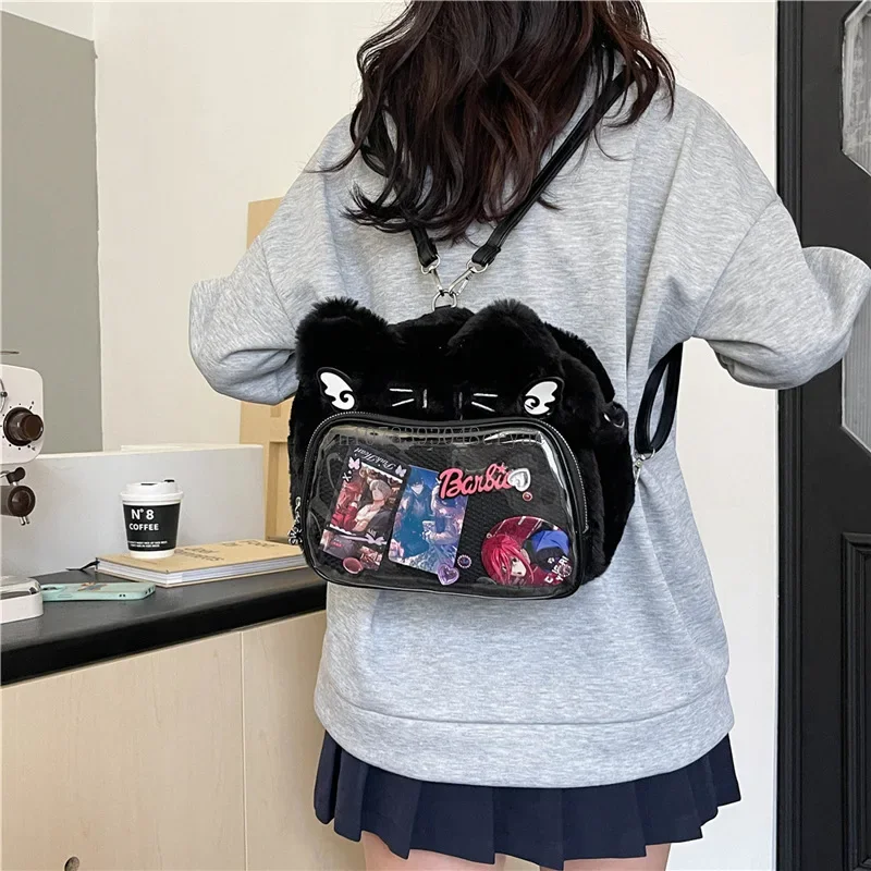 Japanese Cute Fluffy Plush Cat Transparent Ita Bag Y2k Casual Harajuku Kawaii Women Crossbody Bag Preppy Style Cute Schoolbag