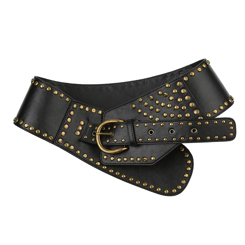 Rockmore PU Wide Belts Vintage Rivet Pin Buckle Luxury Leather Belt for Women Jeans Waistband y2k Punk Rock Hip Hop Accessories