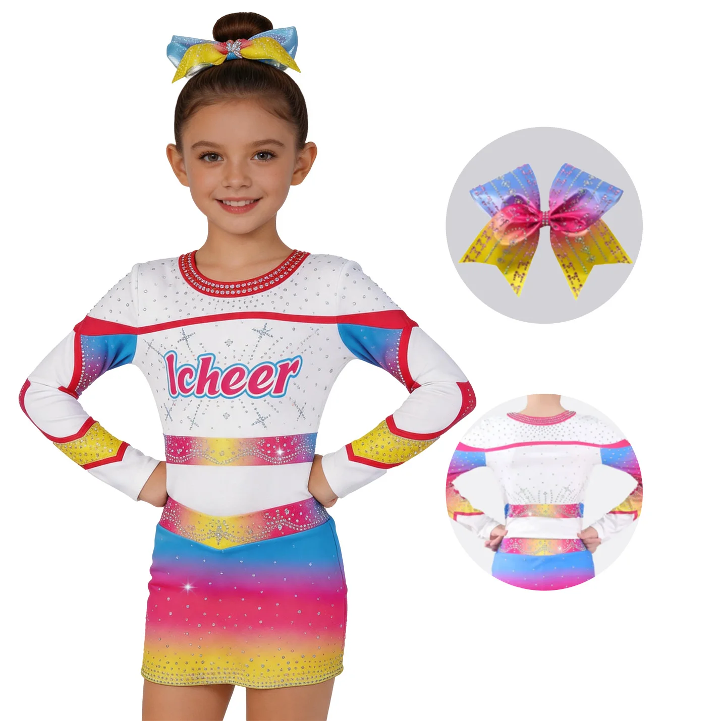 

Girls Cheerleading Competition Uniform Sparkly Gradient Rhinestone Long Sleeve Outfit with Bow for Dance Wear Cheer Costume