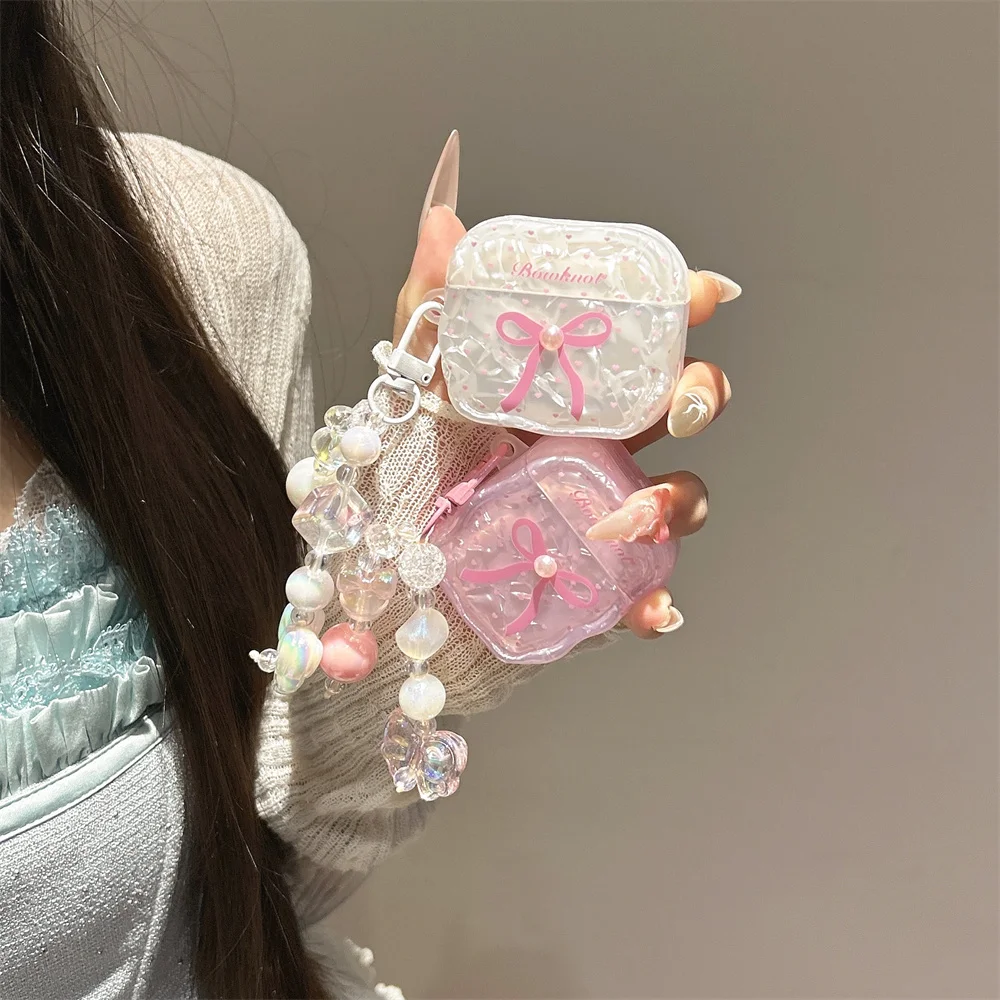 

Fashion shell pattern headphone case for AirPods Pro 2 4 cover with cute bow charm for AirPods Pro 2 4 earphone shockproof case