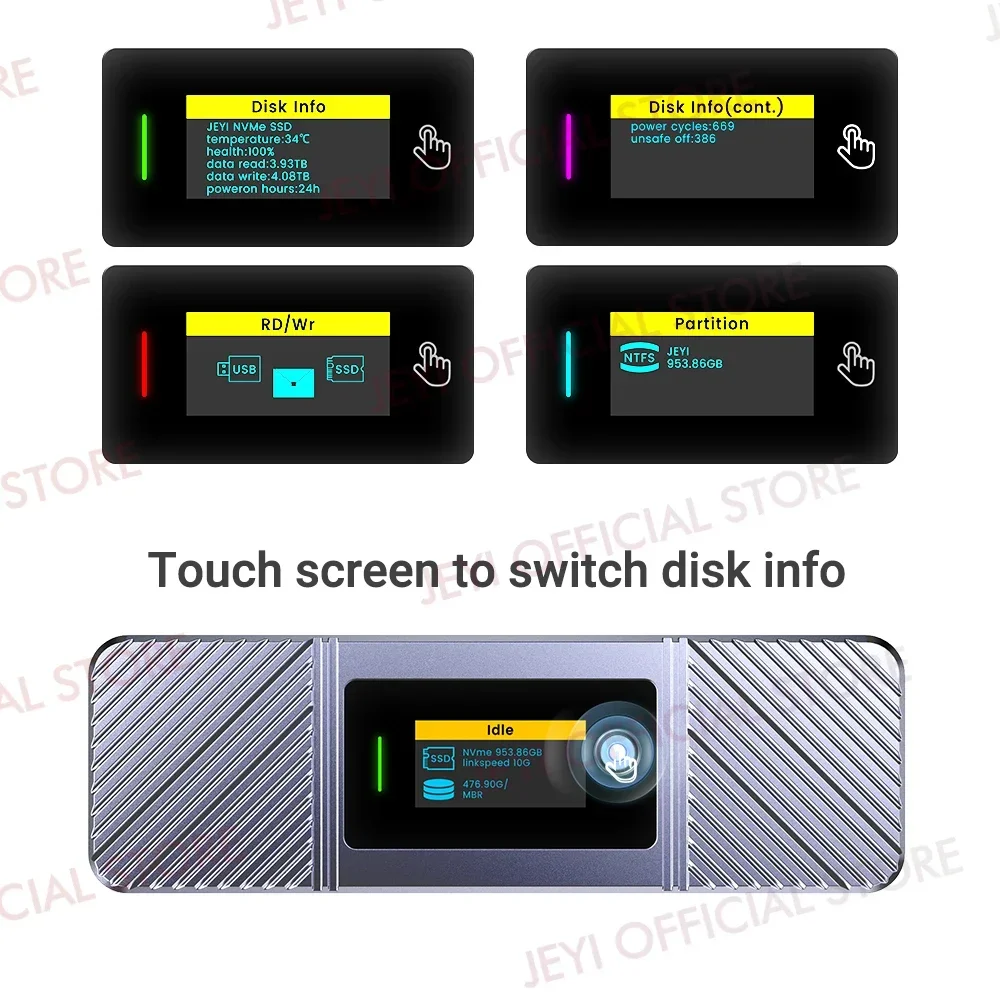 JEYI Visual Smart M.2 NVMe NGFF SSD Enclosure, Supports 5s Write Protection, 3s Re-connect, USB 3.2 Gen2 10Gbps, UASP Trim