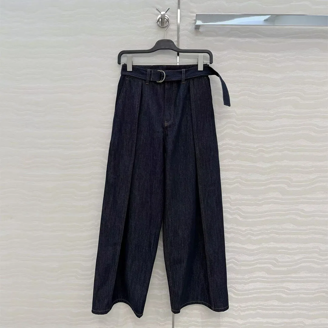 

New Fashion Streetwear Blue Wide Leg Jeans Women High Waist Belt Flods Vintage Casual Loose Chic Denim Pants