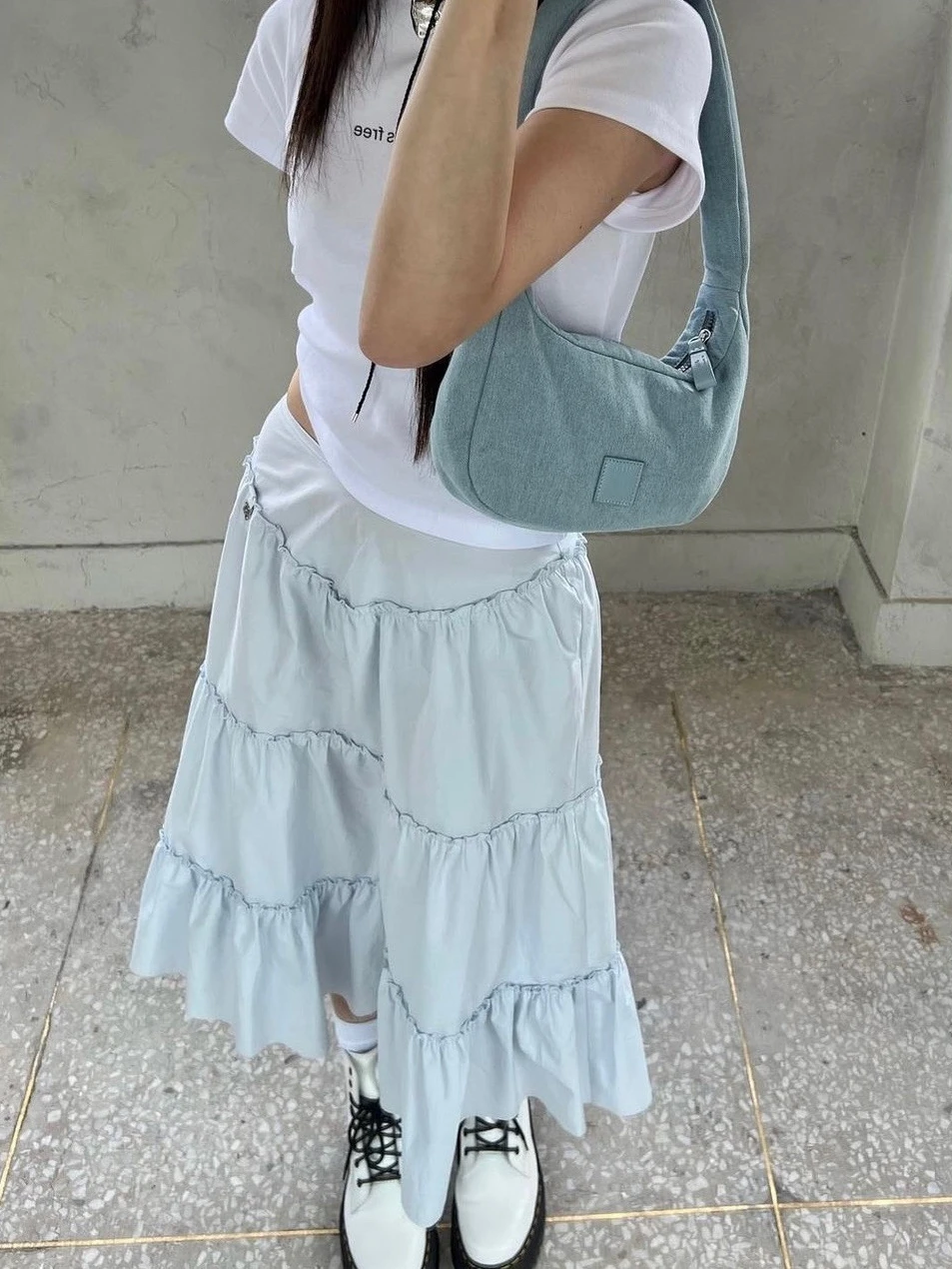 

GLOWNY Low Waist A-Line Pleated Long Skirt Korean Sle f Body Skirt White Cake Skirt Folded Hemline Summer New Arrival
