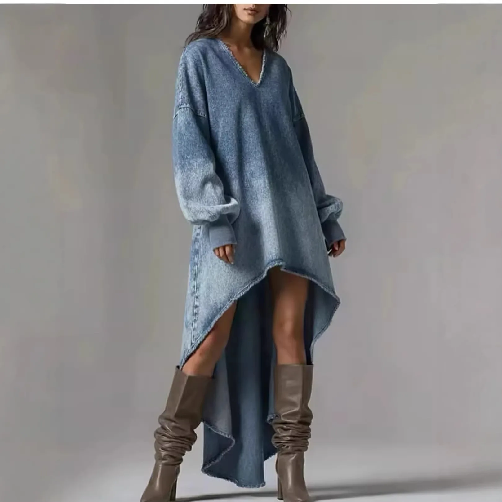 

Women's V Neck Lantern Sleeve Irregular Hem Denim Dress Casual Loose Jumpsuit Dress