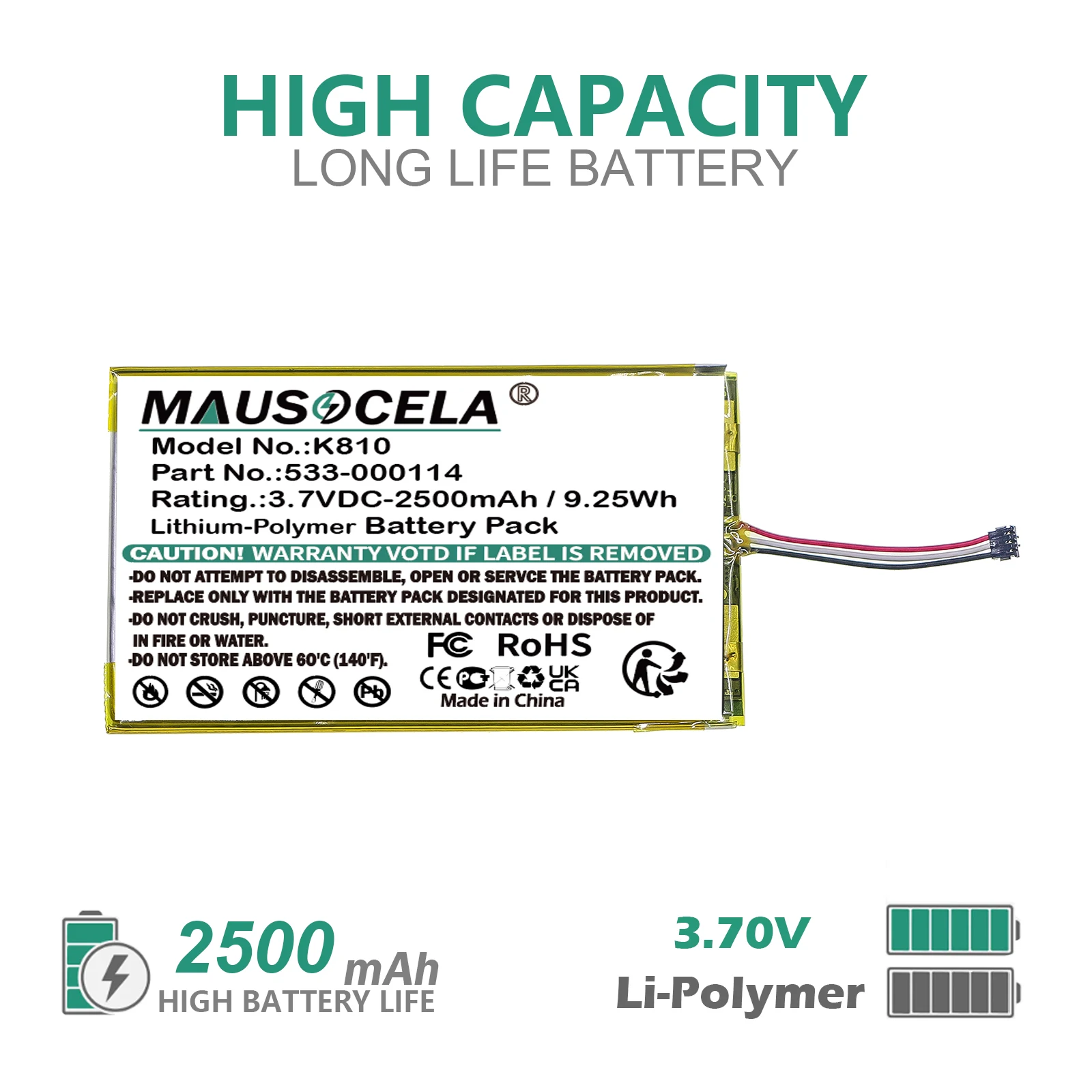 

Keyboard Battery For Logitech:533-000114,IIIuminated Keyboard K810,K810,2500mAh / 9.25Wh,Li-Polymer,3.70V
