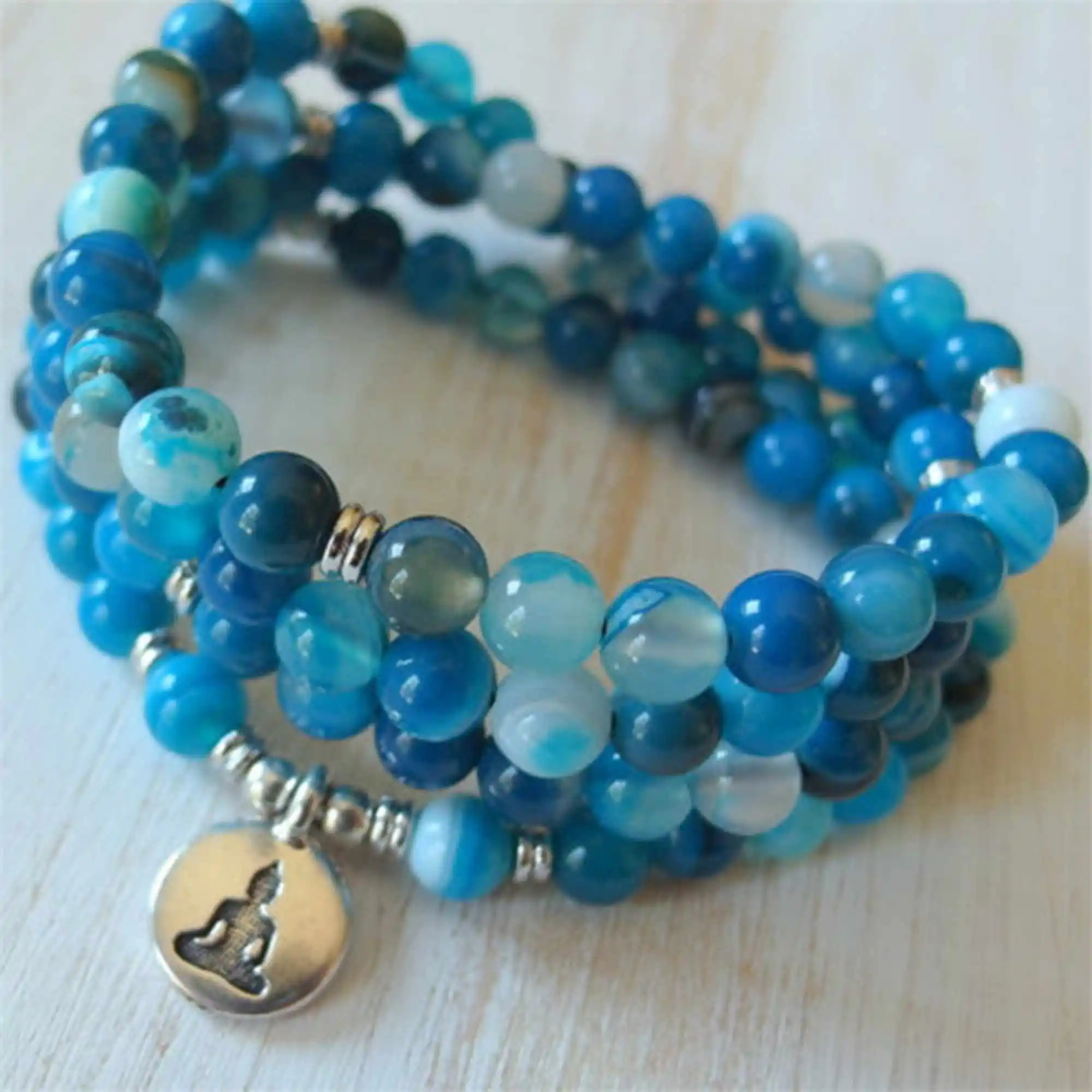 

8mm 108 Blue striped agate Buddha beads Lotus Pendant Bracelet Yoga Mala Women Bohemian Chain Stones Link Prayer