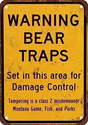 1p,Warning Bear Traps Montana Vintage Metal Tin Sign es, Vintage Wall Decor for Cafe Bar Pub Decor