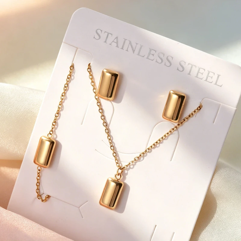 Edelstahl-Schmuckset 3-teilig für Damen, Unregelmäßige Imitationsperle & Rechteckiger Anhänger, Halskette, Ohrringe, Armband als Geschenk – Detail 3