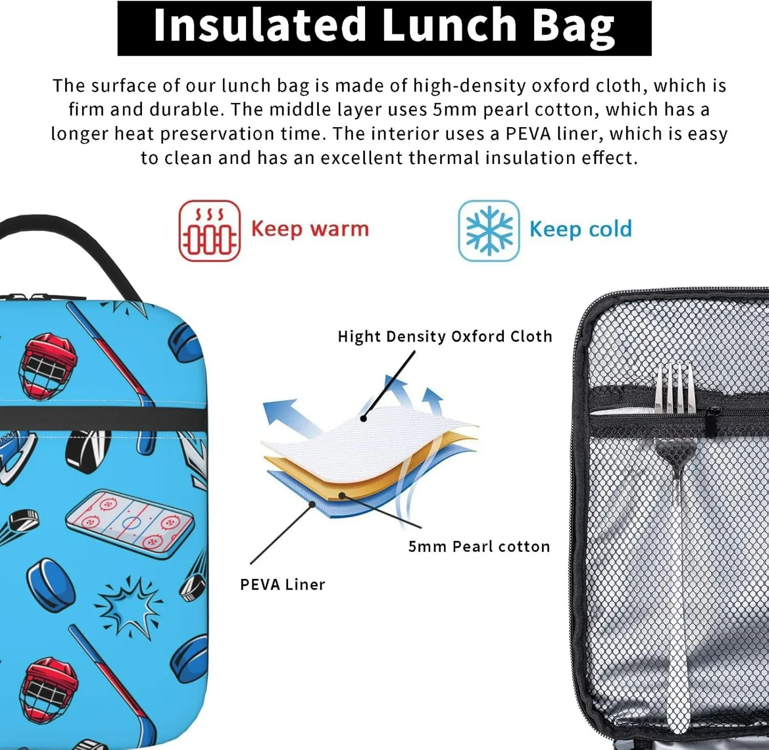 صندوق غداء الهوكي للأولاد والأطفال، صناديق غداء من البوليستر للهوكي للعمل، والنزهة، والمدرسة، والسفر، والمشي لمسافات طويلة، والشاطئ أو وصيد الأسماك #6