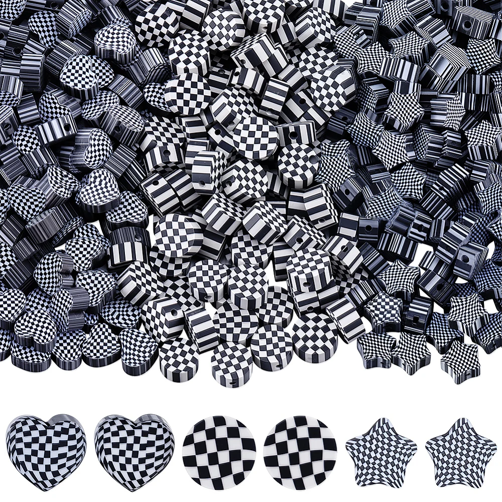 1 Box 300Pcs 3 Styles Checkered Focal Beads Black and White Polymer Clay Beads Bulk Heart Star Round Tartan Cute Plaid Loose