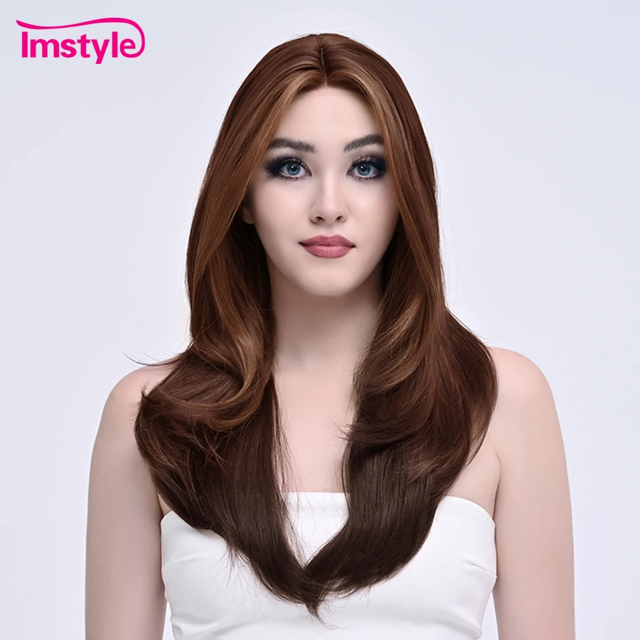 

Imstyle Highlight Brown Wig Synthetic Lace Front Wig For Women Daily Wear Natural Straight Hair Middle Part Wigs Heat Resistant