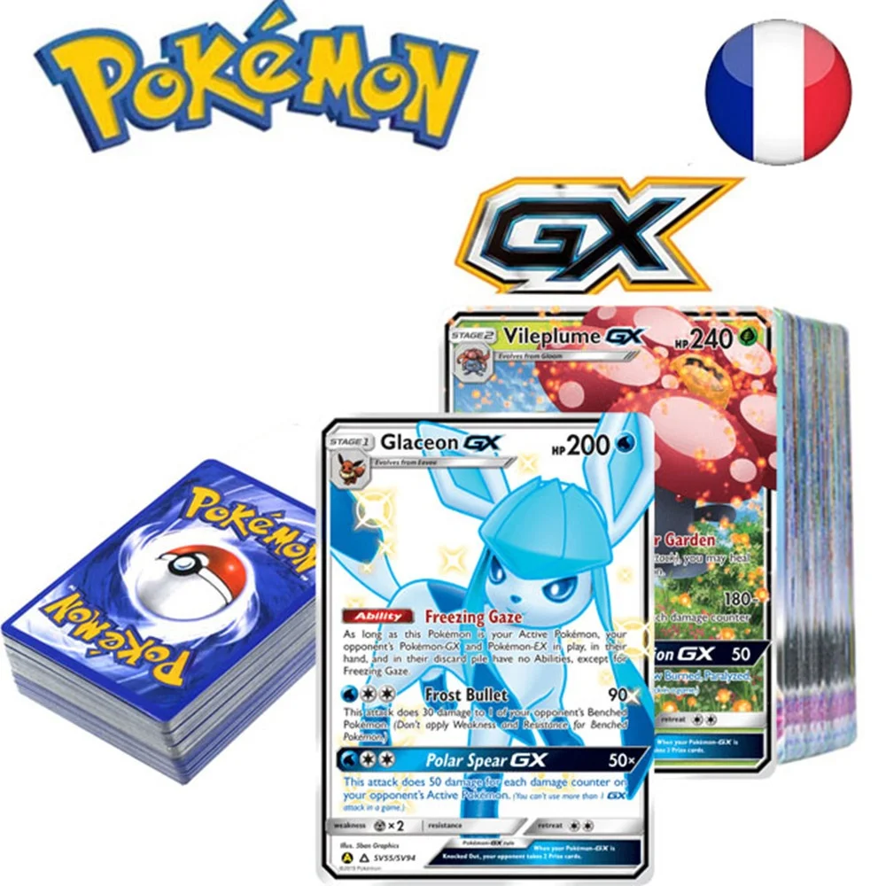 Brilhante Pokemon Battle Game Cards, EX Vmax MEGA, Tag Team GX, Best Selling, Francês, Versão Inglês, Toy Card for Boy, Presente de Natal, 60-100Pcs