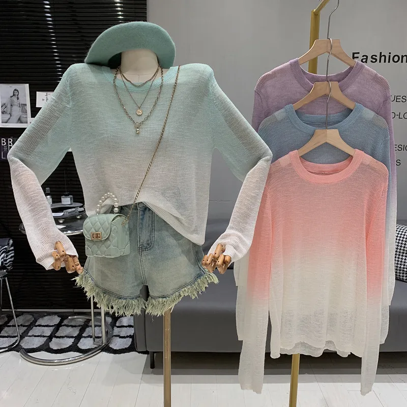 

Fashionable gradient design Simplicity Round neck loose versatile Sunscreen Lazy Soft Glutinous Long sleeved Knitwear sweater