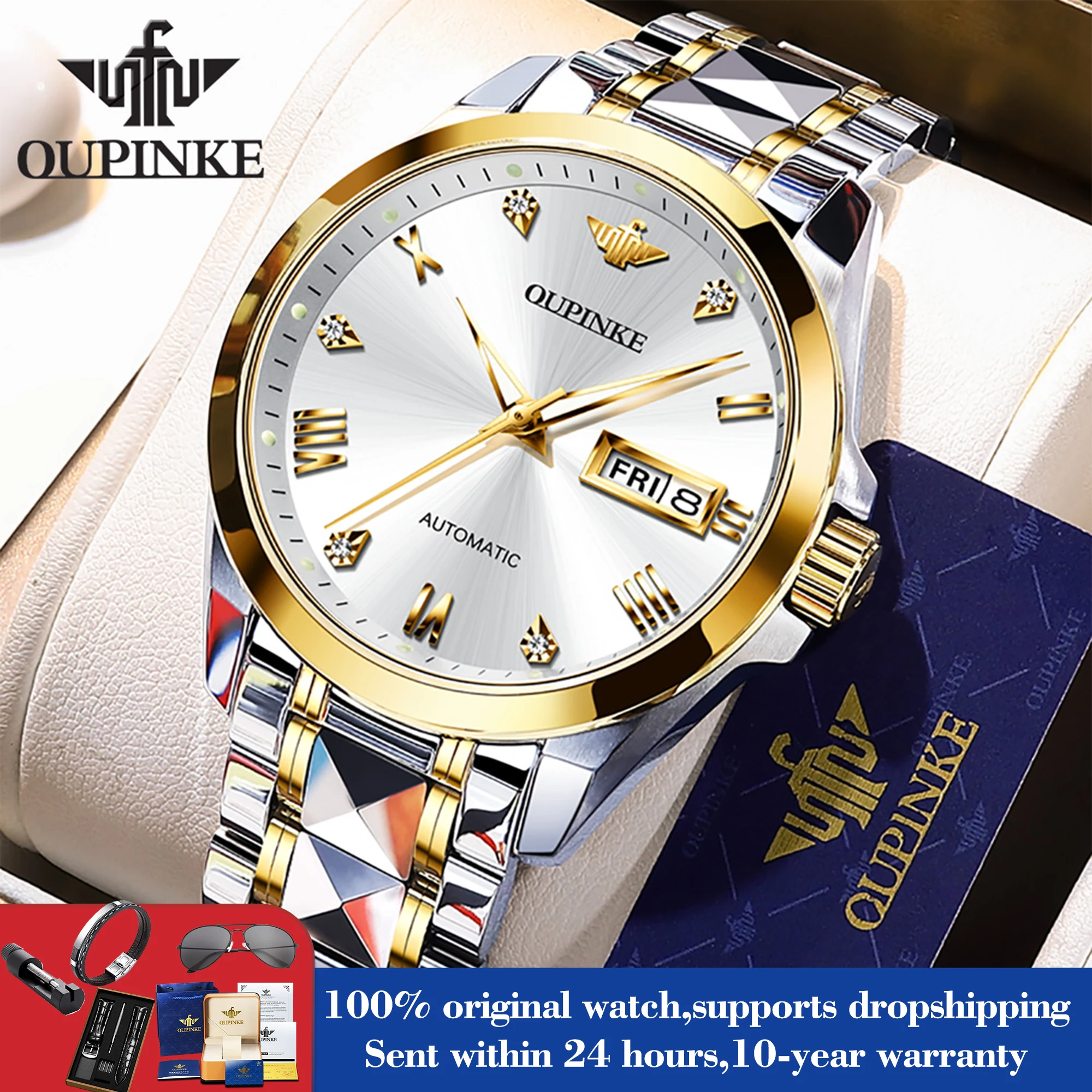 

OUPINKE 3171 Mechanical Men's Watch Roman Scale Dual Calendar Waterproof Watch For Men Luxury Synthetic Sapphire Mirror Clock