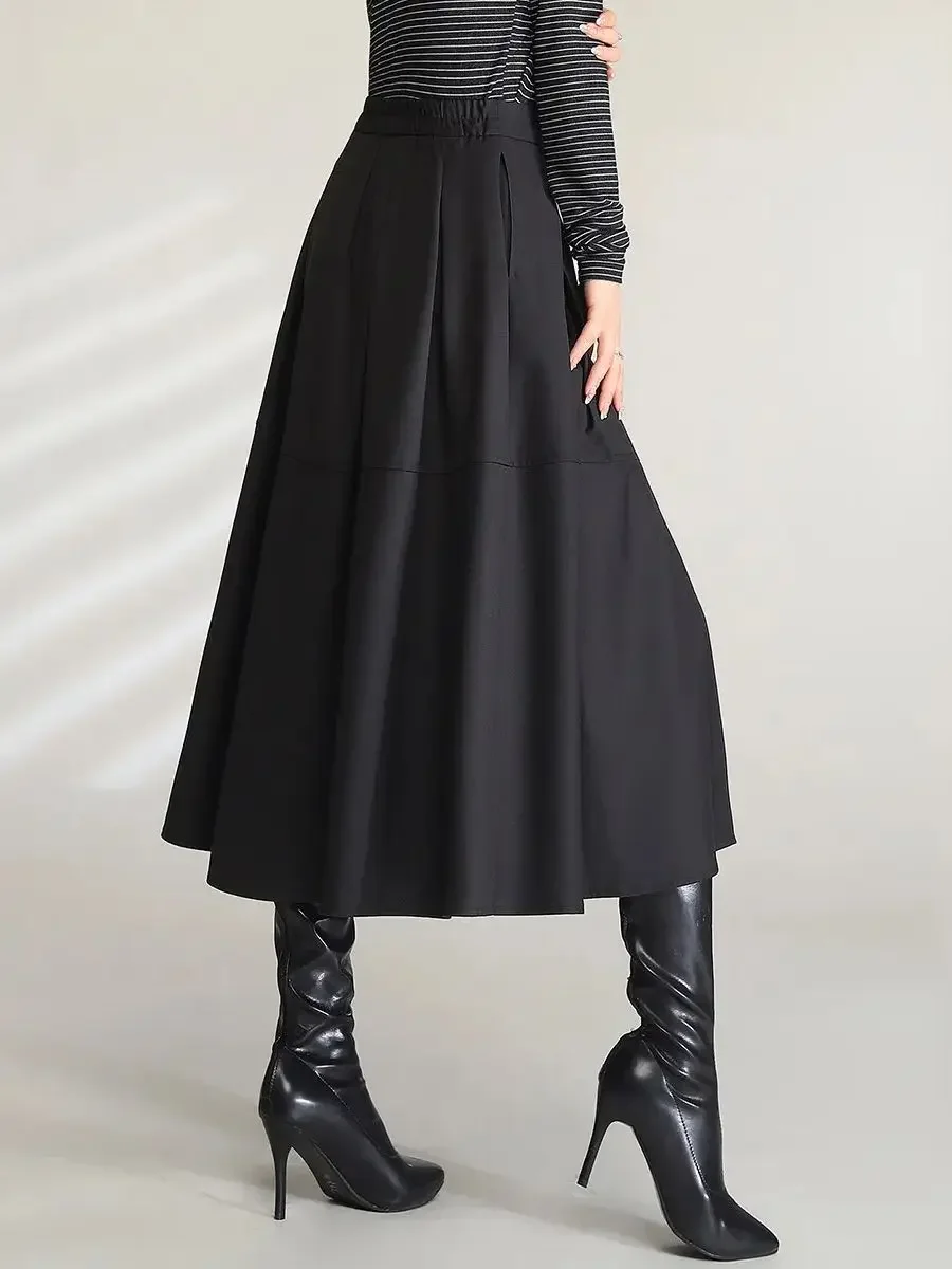 LOUIS YAO Women Elegant Black Midi Skirts 2024 High Waist Commuting Casual A Line Umbrella Long Skirt with Slit and Pockets