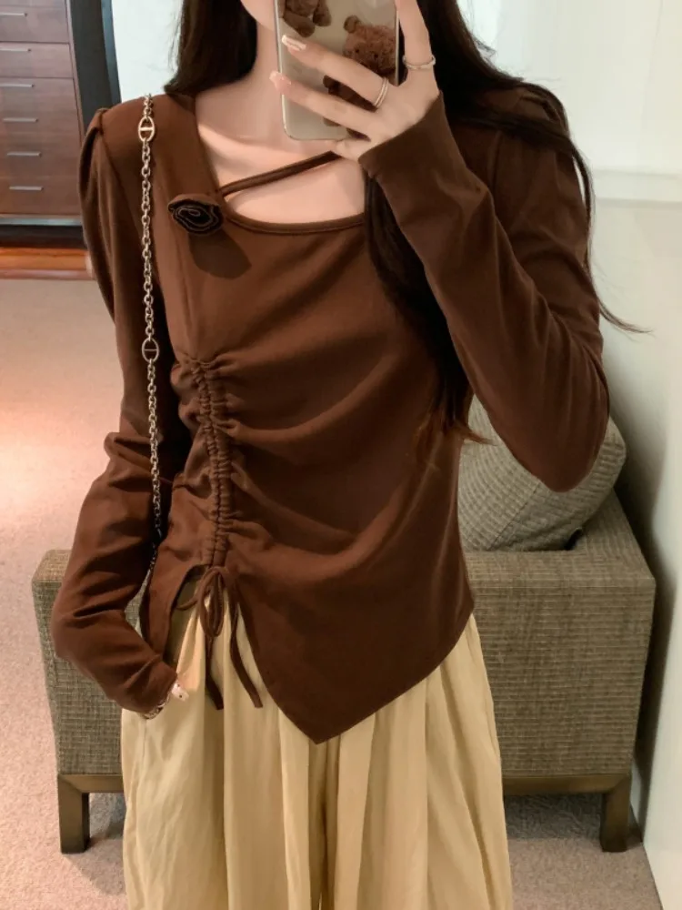 Ankela Red ort Sve Dames T-shirt Koreaanse Sle Long Sve Base irt Herfst Faion Skin ow Inner Wear Woon-werk Wind