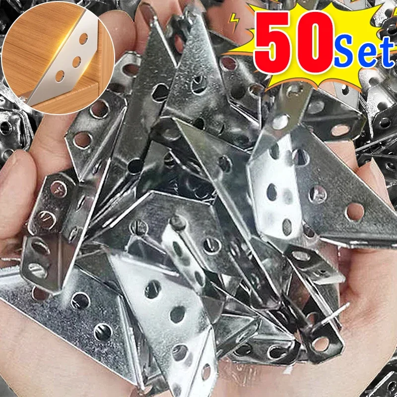 50/1Sets Corner Brackets Stainless Steel Furniture Angle Shelf Connector Cabinet Support Fixing Frame Corner Brace With Screws