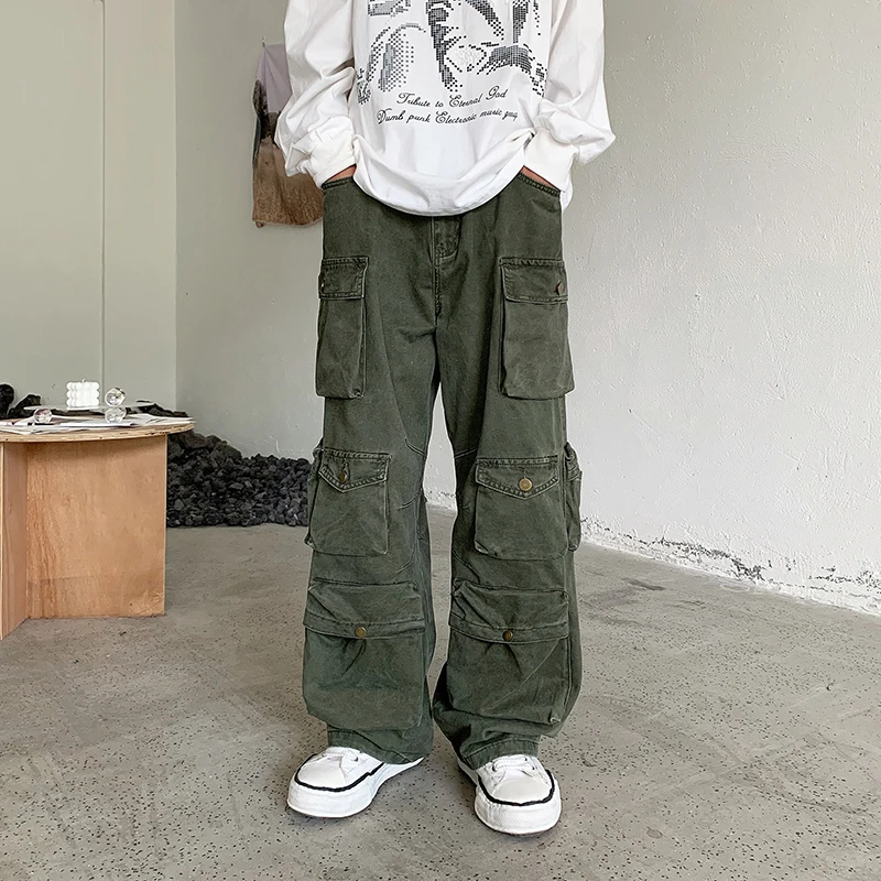 

American Hiphop Heavy Industry Mechanical Style Multi-Pocket Cargo Pants Men's Autumn Design Trendy Fashion Wide-Leg Trousers