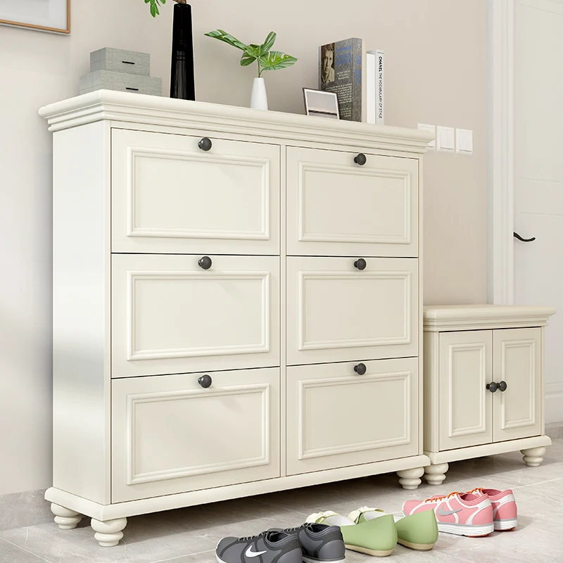 

American solid wood tipping bucket shoe cabinet white simple modern porch cabinet entry shoe cabinet simple European custom foye