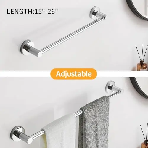 

Adjustable 15-26 Inch Wall Mounted Single Towel Bar, 304 Stainless Steel, Polished Chrome Finish For Bathroom Use