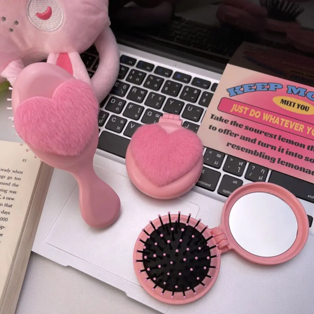 Durable Pink Round Folding Comb with Mirror Compact Love Decor Air Cushion Comb Princess Style Cartoon Pocket Hair Brush Girl