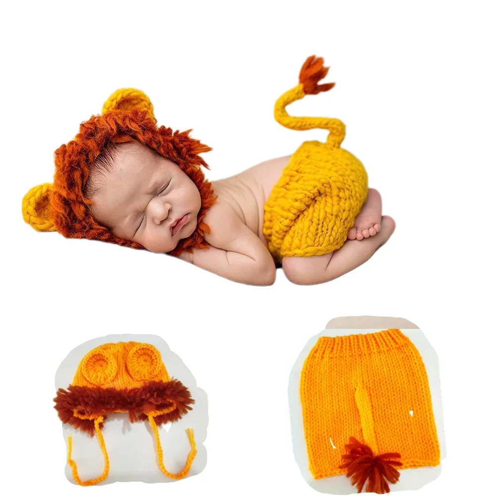 

Handmade Crochet Costume Halloween Photoshoot for Baby Boy New Born Photography Props Outfits Newborn Baby Gifts Lion Pants Set