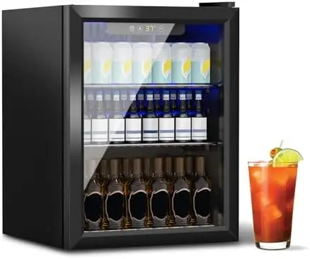 Sd Compact Beverage Refrigerator, 1.6 Cu.Ft/70 Can Drink Fridge, with Glass Door, Adjustable Shelves & Digital Display