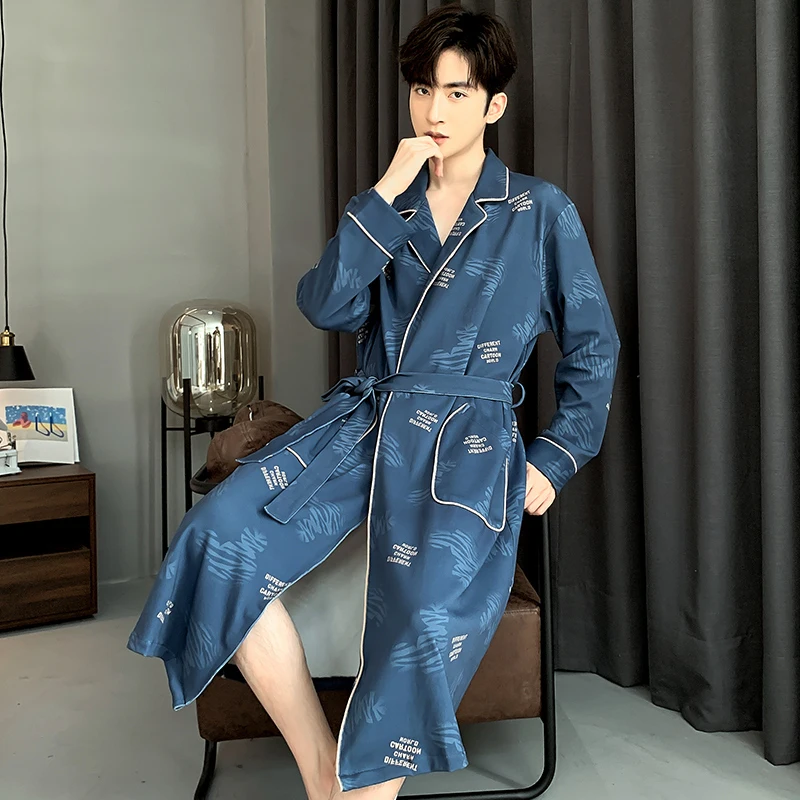 Men Full Pure Cotton Bathrobe Autumn Casual Robe Sleepwear Long Sleeve Letter Print Male Bath Robe Lounge Nightgown Home Clothes