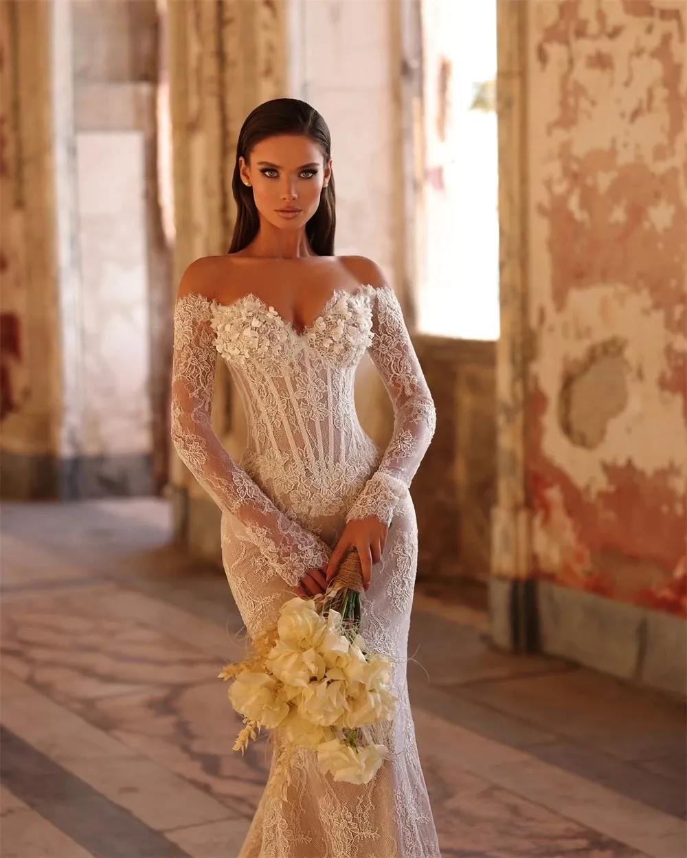 Robe de mariée sirène en dentelle, perles brillantes, fleurs 3D, col en v, épaules dénudées, personnalisée, robes de mariée de rêve pour mariée