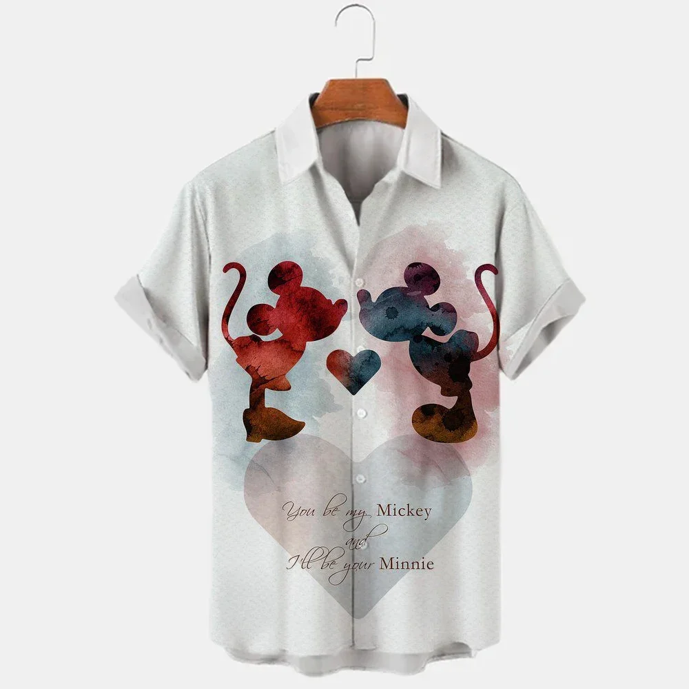 New Men\'s Lapel Cartoon Anime Mickey Mouse Print Button Short Sleeve Shirt Men\'s Casual Street Disney Shirt S-5XL Summer 2023