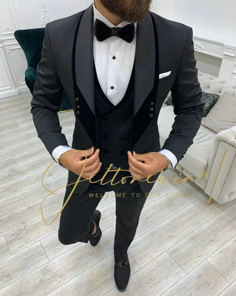 Abito da sposa in 3 pezzi nero slim fit da uomo |   Smoking formale dello sposo |   Design classico di alta qualità per matrimoni e banchetti 2025