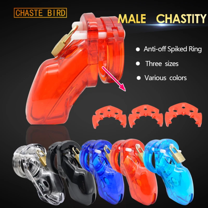 CHASTE BIRD Latest Design Luxury Male Chastity Device Plastic Light Cock Cage Penis Lock Belt Sex Toy Anti-off Ring BDSM A305