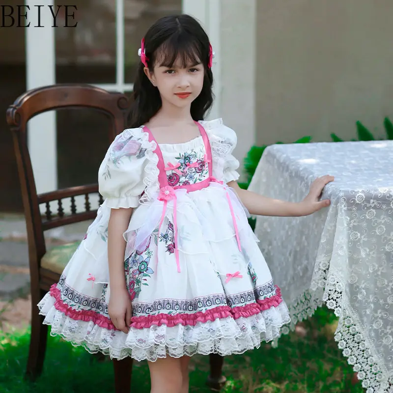 Lolita Printed Children's Lolita Bubble Sleeve Dress Summer New Girls' Temperament Princess Dress Kids Sweet Cotton Dress