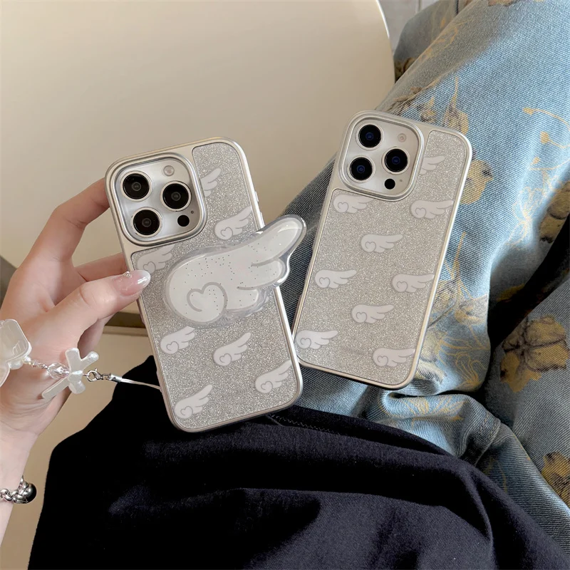 Funda de teléfono con cordón y soporte de alas de Ángel y estrella de dibujos animados de Corea para iPhone 16 15 14 13 Pro Max 15 Pro 16 Pro wing Grip Tork