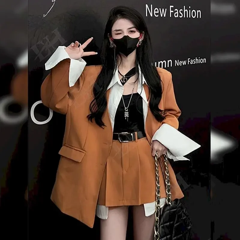 UNXX Set Women Autumn Spring Korean Style Suit Jacket + French Skirt Fashion Two-piece    High Street Blazer Sets