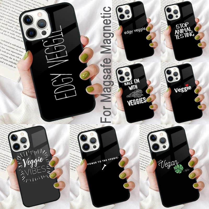 Go Vegan Food Vegetarians VEGGIE Quotes Magnetic Soft Phone Case for iPhone 16 Promax 15 Pro 13 14 Plus 11 12 Mini MagSafe Coque