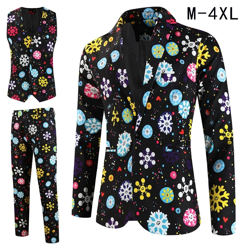 Men's Christmas Printed 3 Pieces Sets Winter 3D Snowflake Men Printed Blazer Jacket + Vest + Trousers Xmas One Button Mens Suits