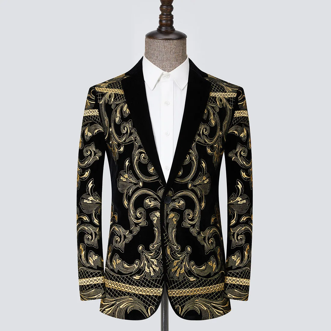 

2025 Men's Embroidery Casual Black Velvet Flat Barge Collar Host Master of Ceremonies Stage Performance Studio Photo blazer