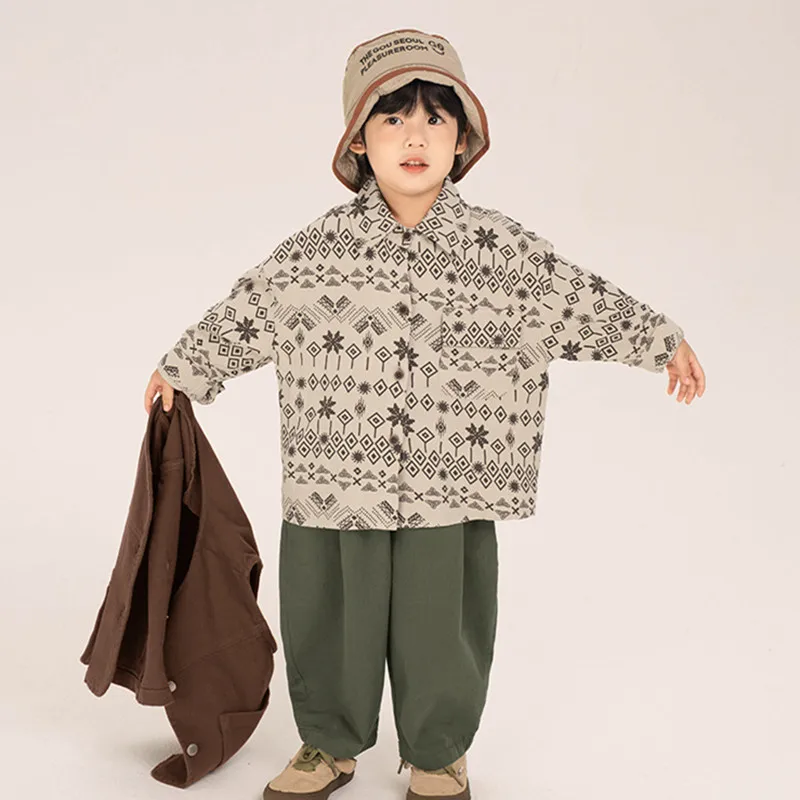 New Autumn Boys\' shirt 2024 Korean style children Retro style long sleeve shirts Kids boy cotton loose casual jacket