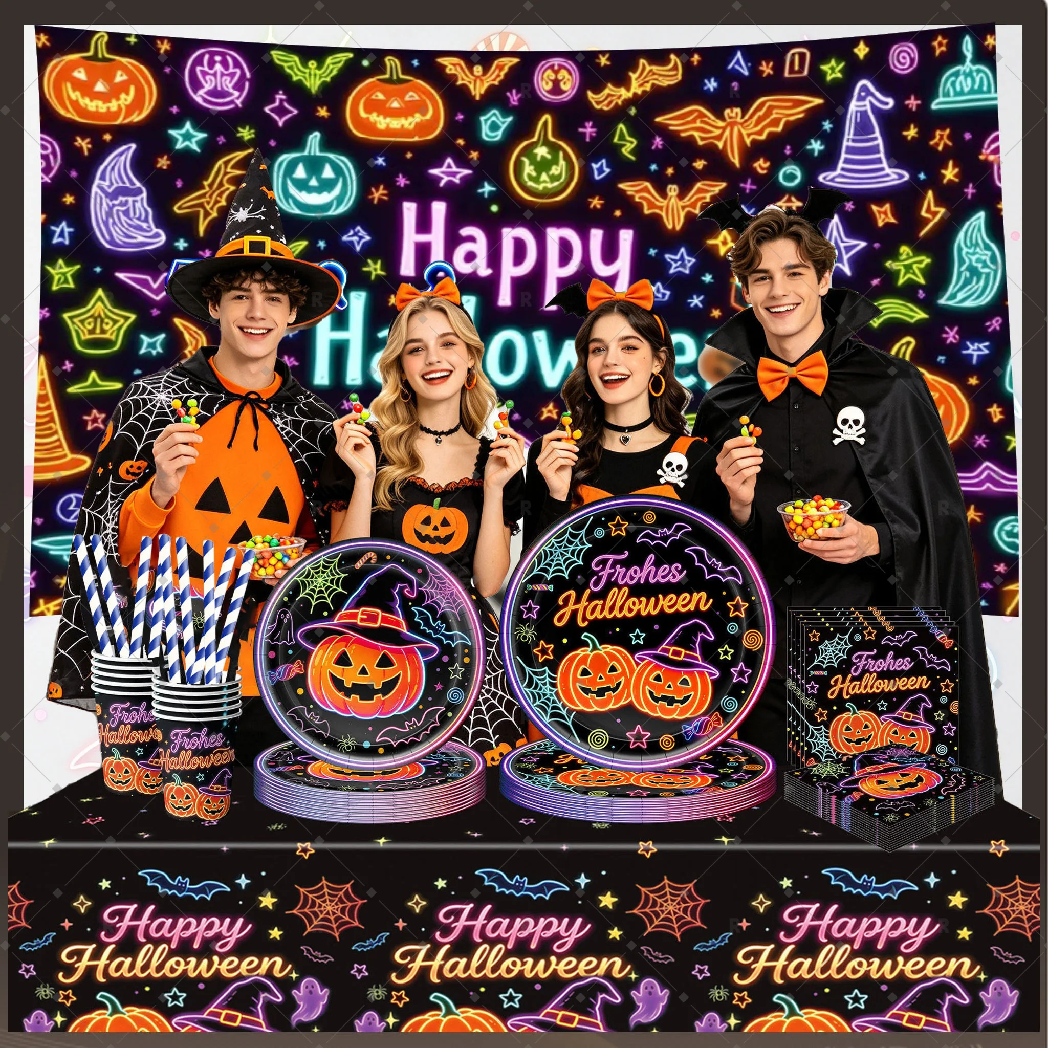 Happy Halloween Party Decoration Supplies Pumpkin Spider Web Bat Cute Ghost Cup Plate Tableware Set Holiday Shoot Backdrop Props