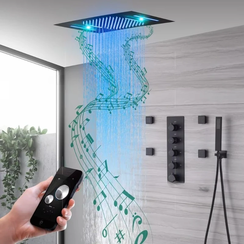 Deluxe Thermostatic LED Waterfall Rainfall Shower Faucet Set with Music Wall Mounted Black Shower Stirrer Faucet