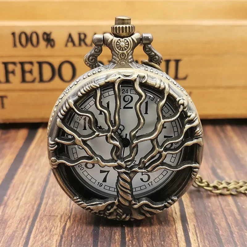 새로운 청동 생명의 나무 석영 주머니 시계 레트로 포켓 Fob 시계 펜던트 목걸이 주머니 시계 남성 여성 선물