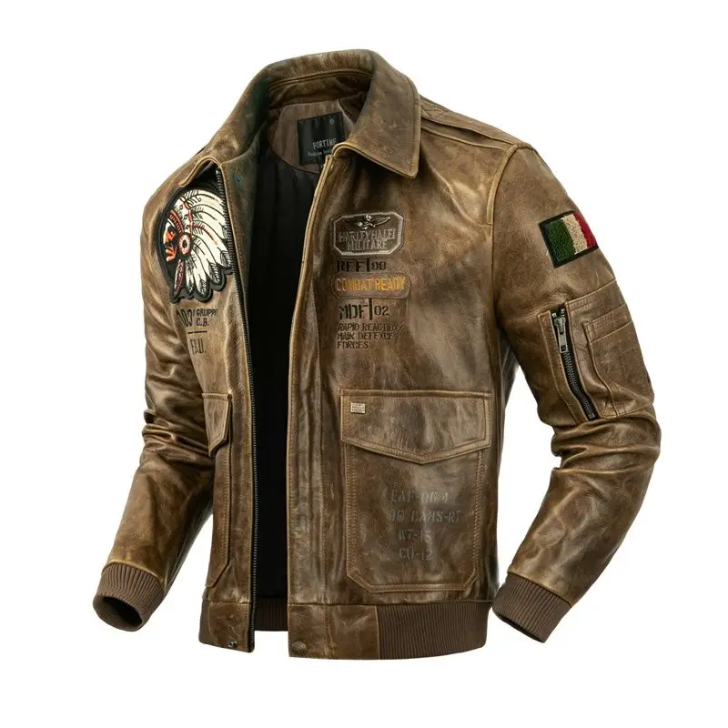 

New List Embroidery Skull Flight Jackets Oil Waxed Horsehide Genuine Leather Jacket Men Air Force Pilot Coat Aviator Clothes