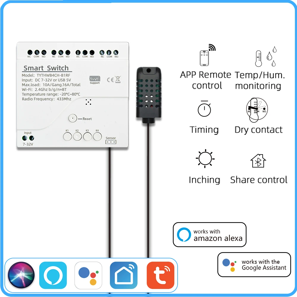 Tuya Smart WiFi 4-Kanal-Relais DC 7-32V/AC 85-250V 10A mit Temperatur- und Feuchtigkeitssensor, passiver Trockenkontaktschalter für Zuhause – Detail 12