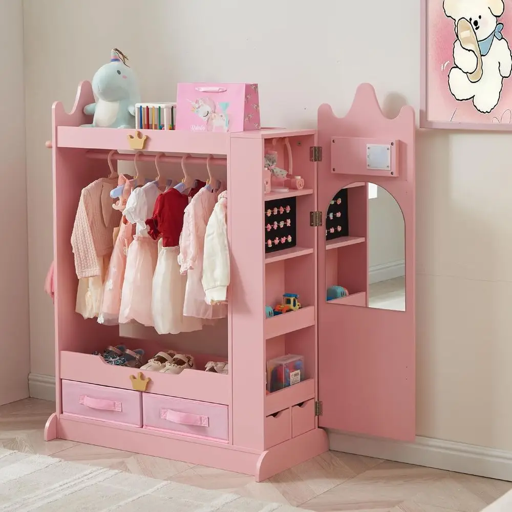 

Children's Armoire with Mirror and Shelves, Girls' Wardrobe Closet for Bedroom or Playroom in Pink