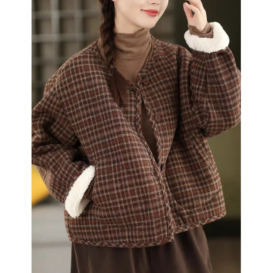 

Faionable Thiened Plaid Woolen Winter Coat Warm Cotton Jaet Fce Lined Button up Small ids Commute Sle Long Sve