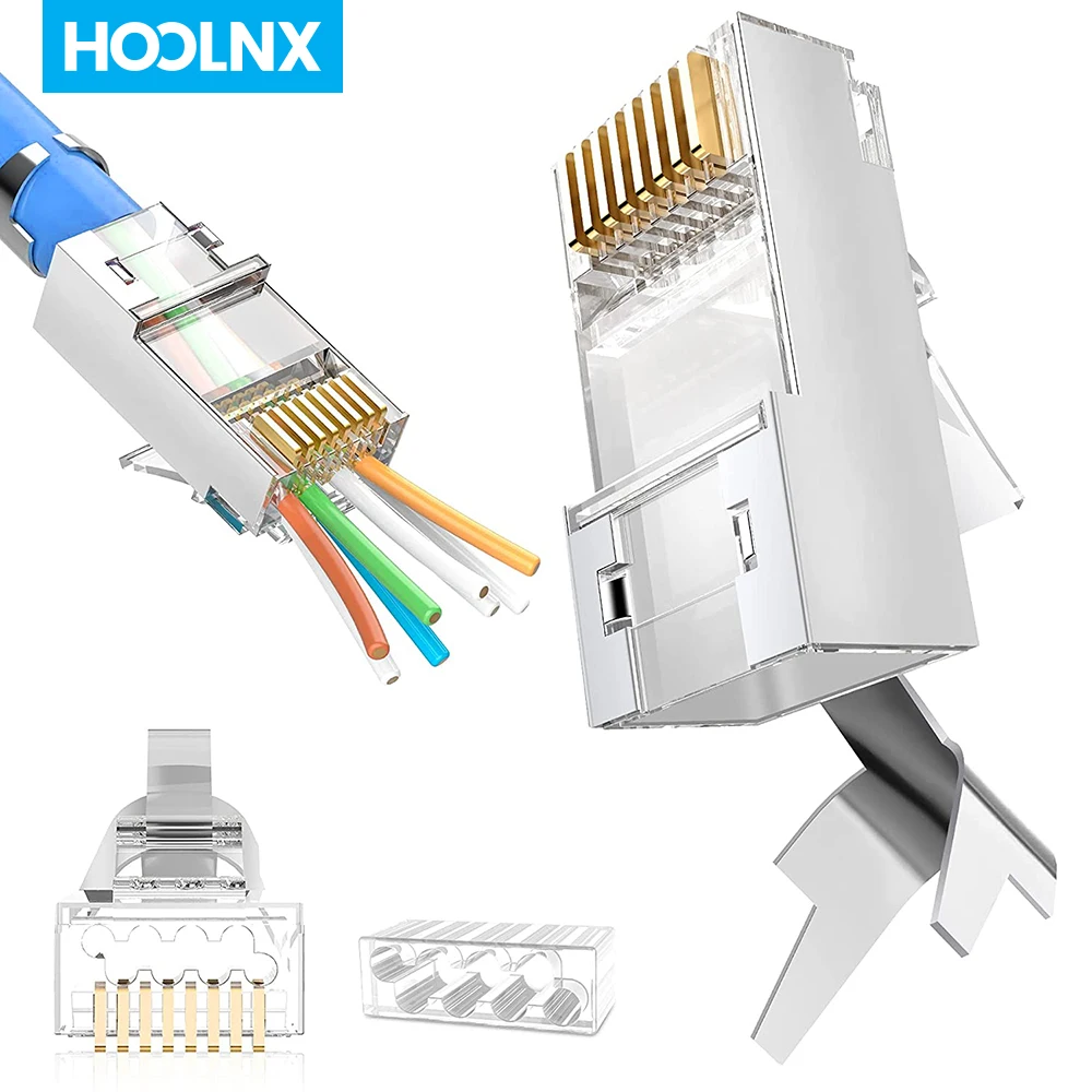 

Hoolnx Cat7 Shielded RJ45 Pass Through connectors 3 Prong 8P8C 50U Gold Plated 2-Piece Pass Thru Modular Plug for FTP/STP Cable