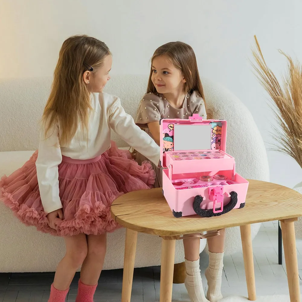 Lápiz labial, juguetes de maquillaje para niños, caja de maquillaje portátil, Kit de maquillaje para niños, sombra de ojos, juguete de maquillaje de princesa de seguridad, juego de simulación