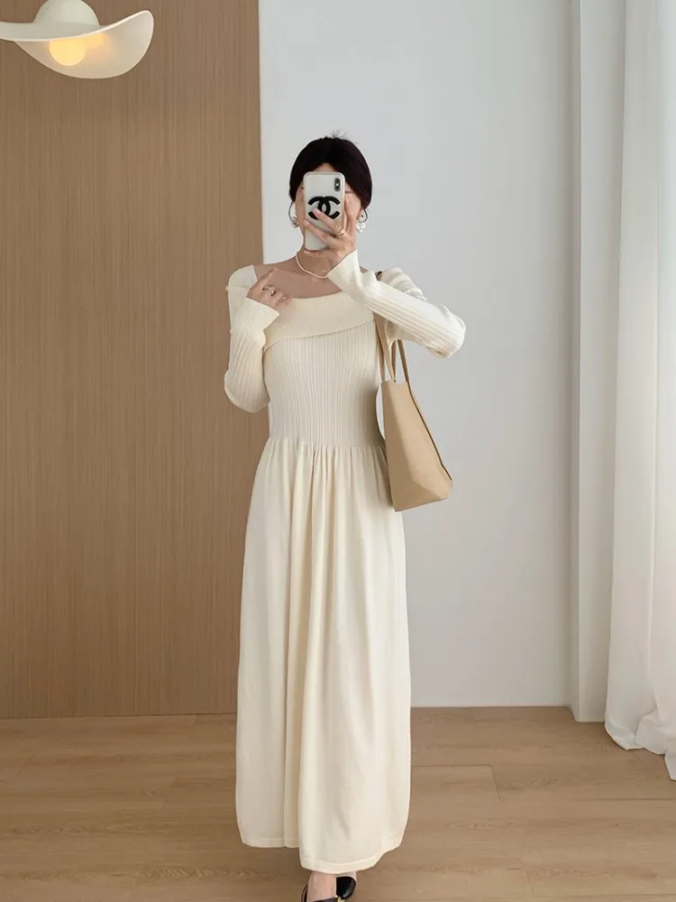 One Shoulder Temperament Long Sleeved Knitted Dress For Women In Autumn And Winter, Unique High-End Feeling, Slim Fit Long Skirt